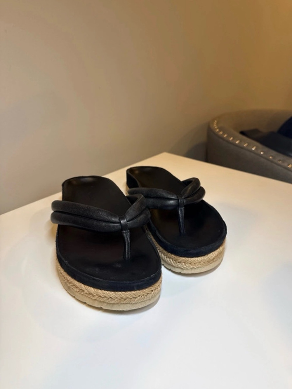 Vince Black Leather Platform Thong Flip Flops
